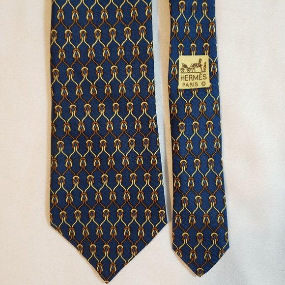 Hermes 100% Authentic Silk TieGeometrical Patterns Knots Navy Blue